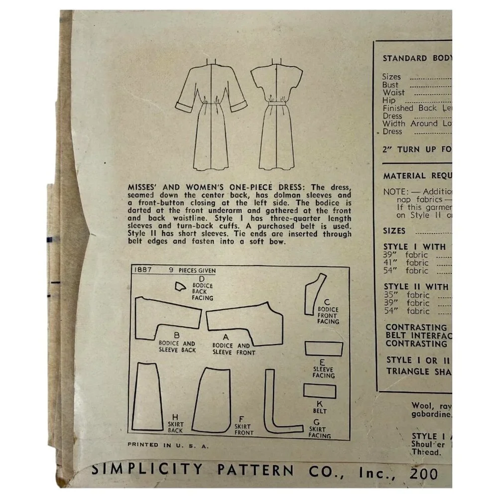 VTG 1946 Simplicity 1887‎ Sewing Pattern Shirtwaist Dress Size 16 Button Front